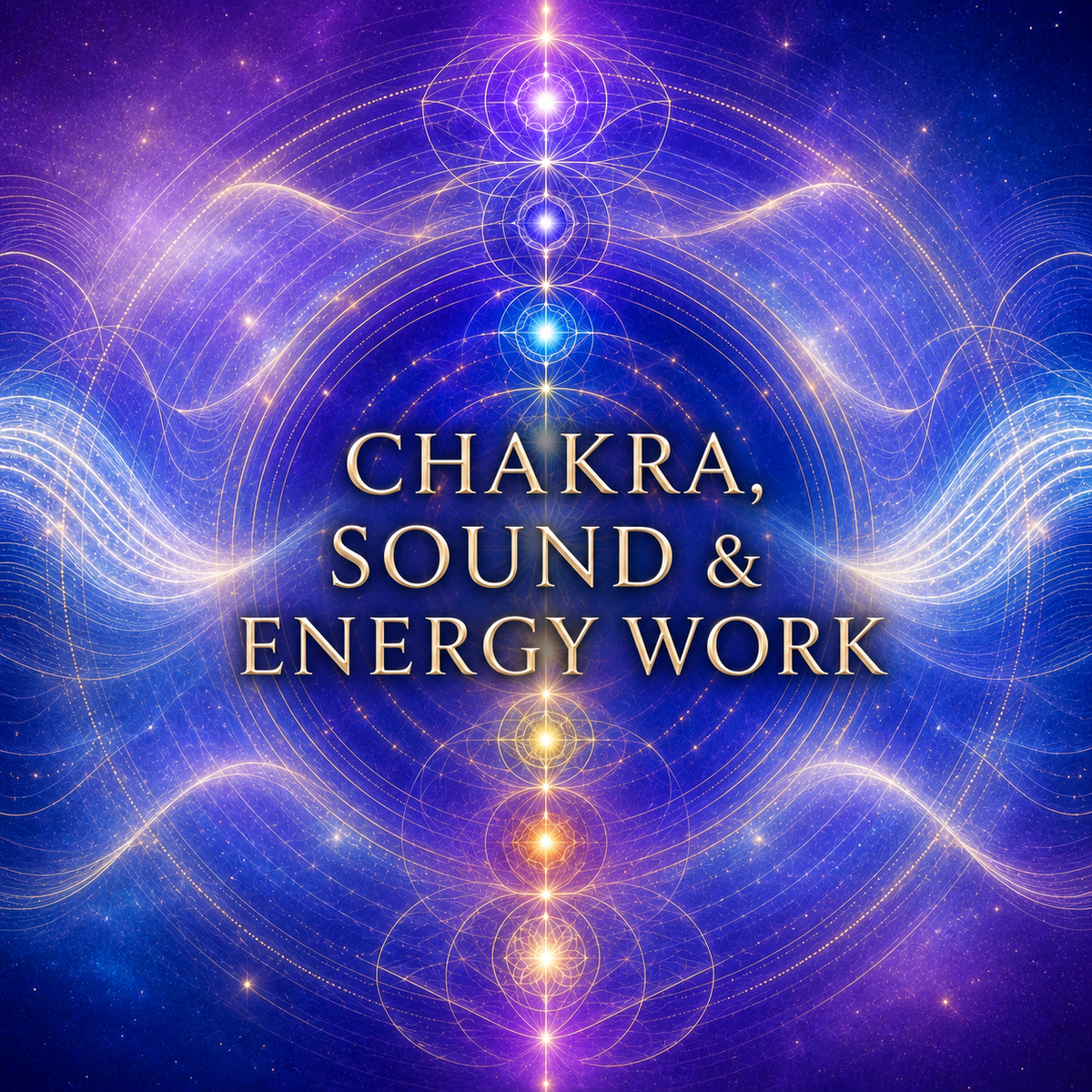 Purple chakra graphic reading Chakra, Sound & Energy Work
