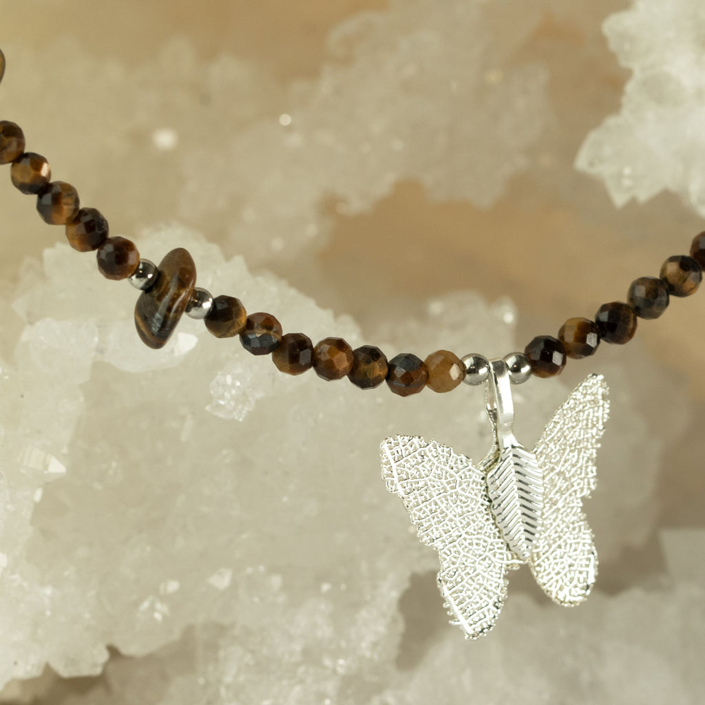 Real Leaf Butterfly Pendant - Tiger's Eye Necklace