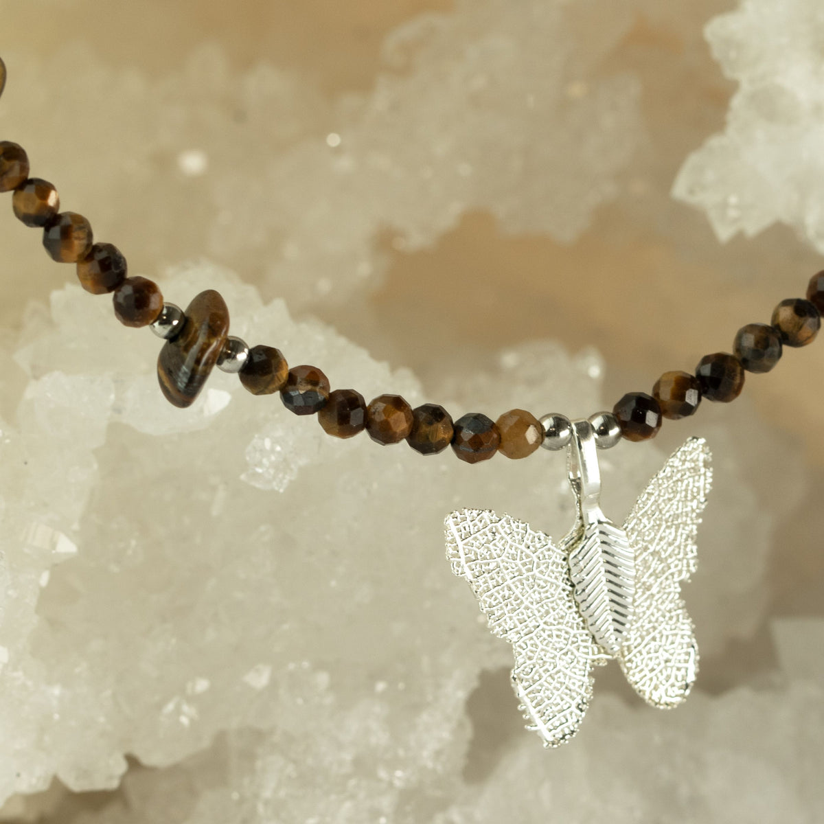 Real Leaf Butterfly Pendant - Tiger's Eye Necklace