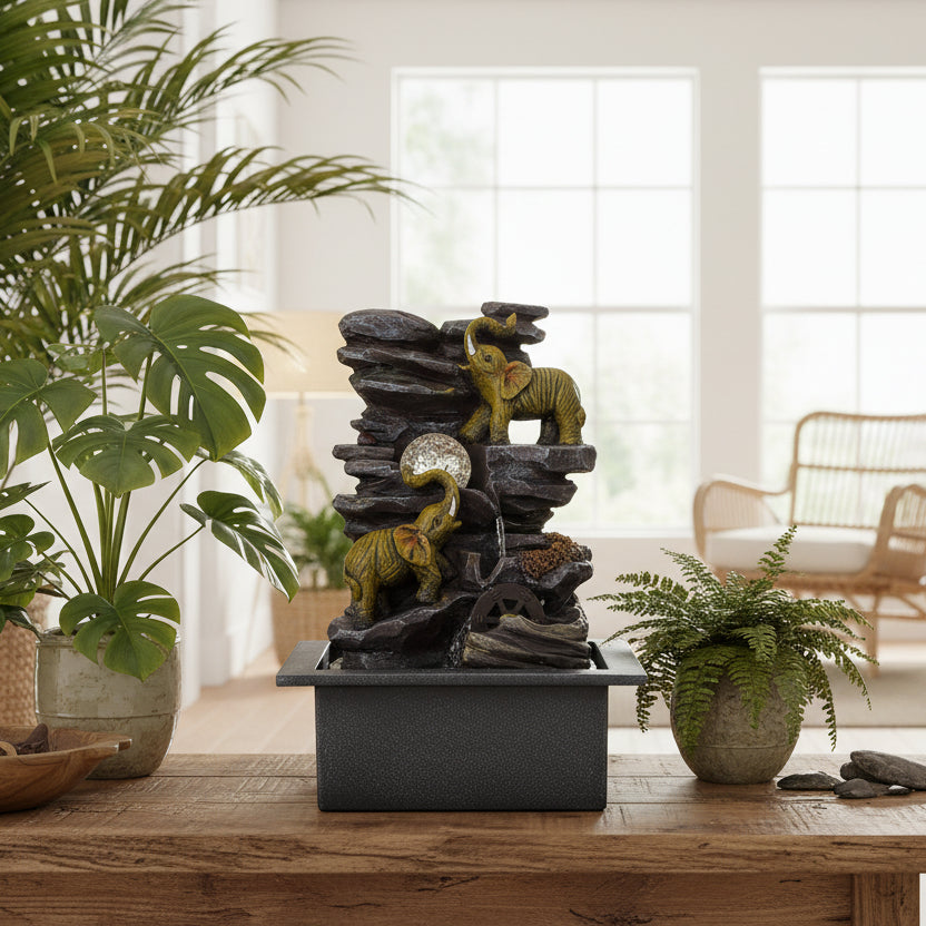 Tabletop Water Feature - Elephants, Crystal Ball & Water Wheel