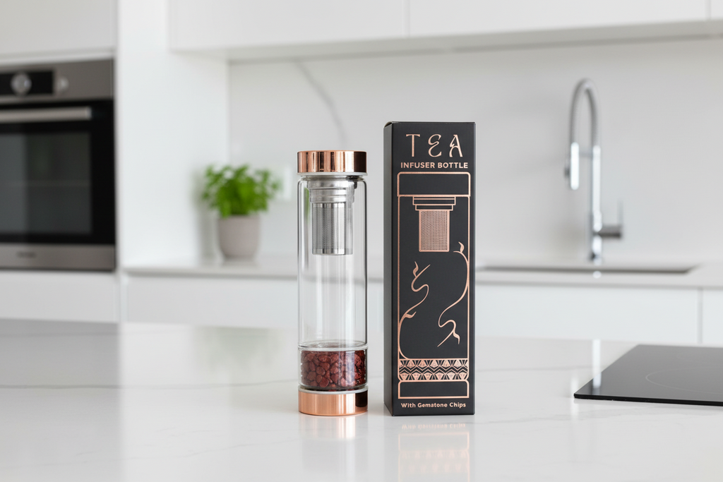 Crystal Glass Tea Infuser Bottle - Rose Gold - Red Jasper
