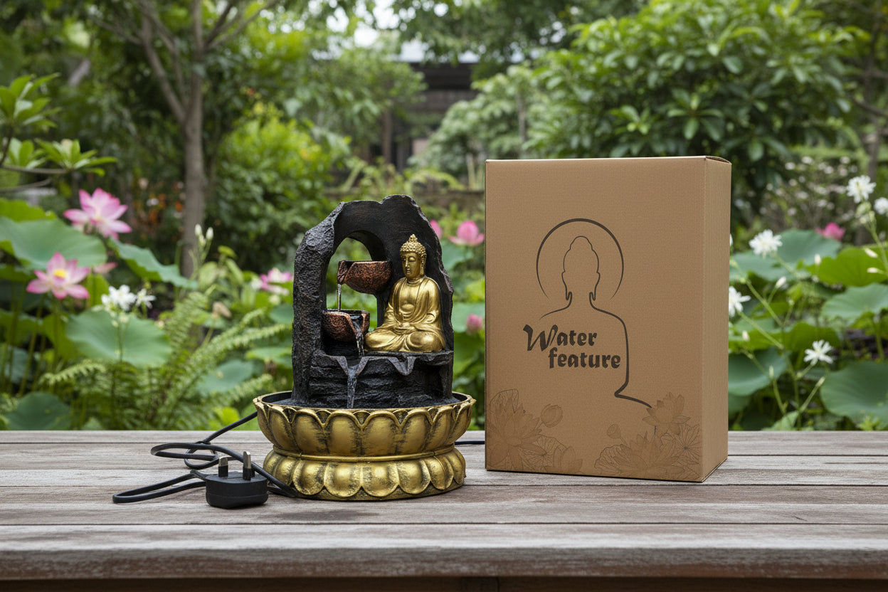 Tabletop Water Feature - 30cm - Golden Meditating Buddha