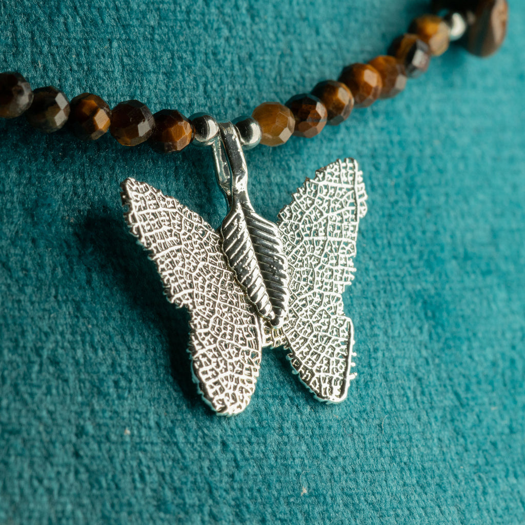 Real Leaf Butterfly Pendant - Tiger's Eye Necklace