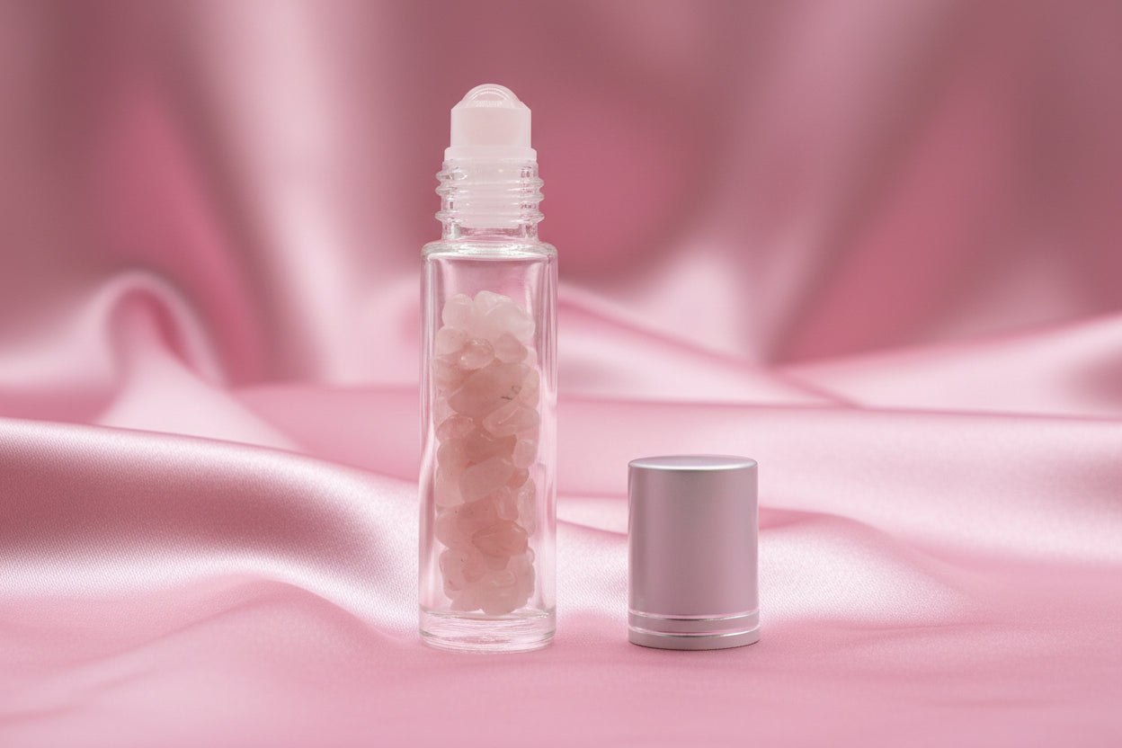 Gemstone Essential Oil Roller Bottle - Rose Quartz  - Silver Cap