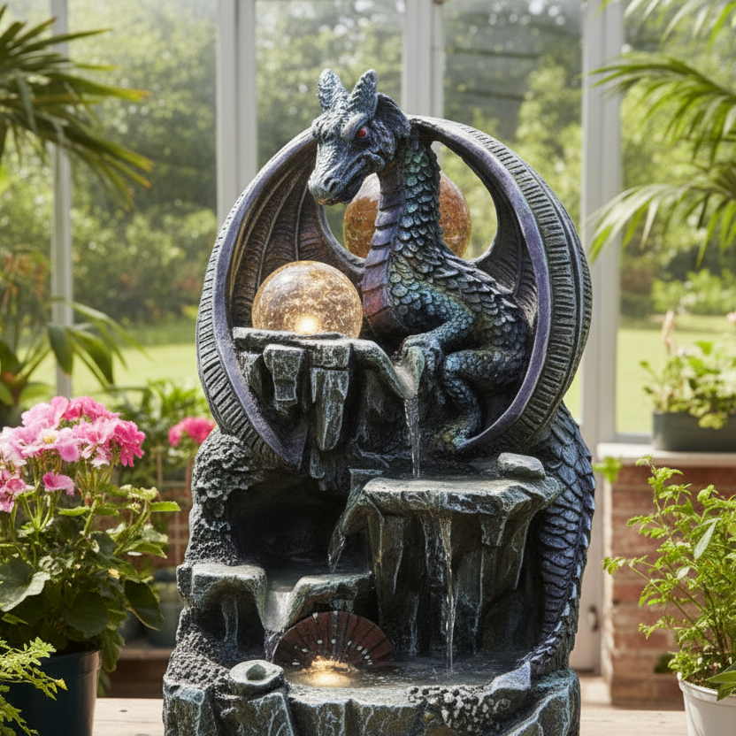 Tabletop Water Feature - Purple Dragon, Crystal Ball & Water Wheel