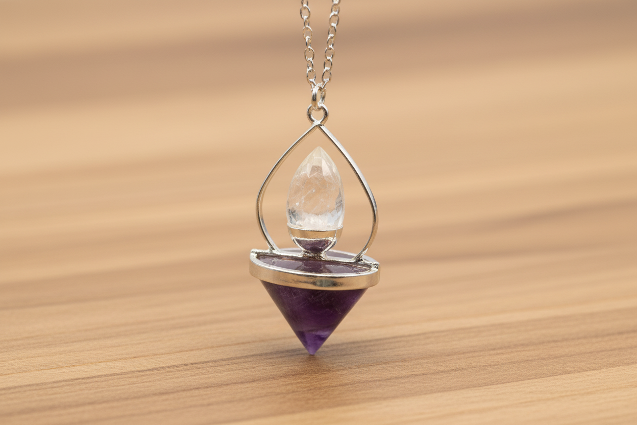 Gemstone Lantern of Life Pendulum - Amethyst & Rock Quartz