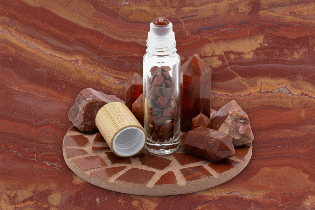Gemstone Essential Oil Roller Bottle - Red Jasper  - Wooden Cap