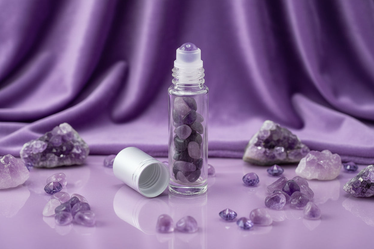 Gemstone Essential Oil Roller Bottle - Amethyst  - Silver Cap