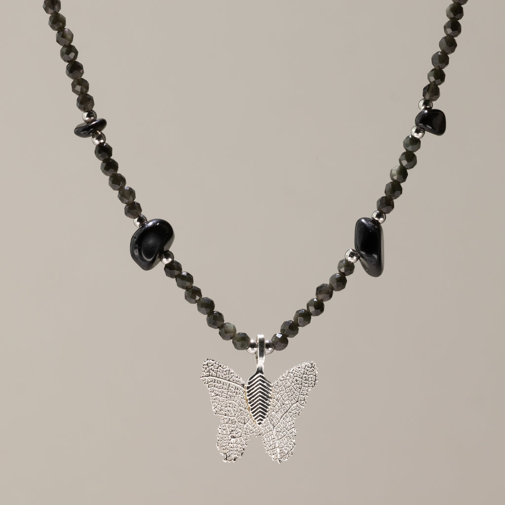 Real Leaf Butterfly Pendant - Black Obsidian Necklace