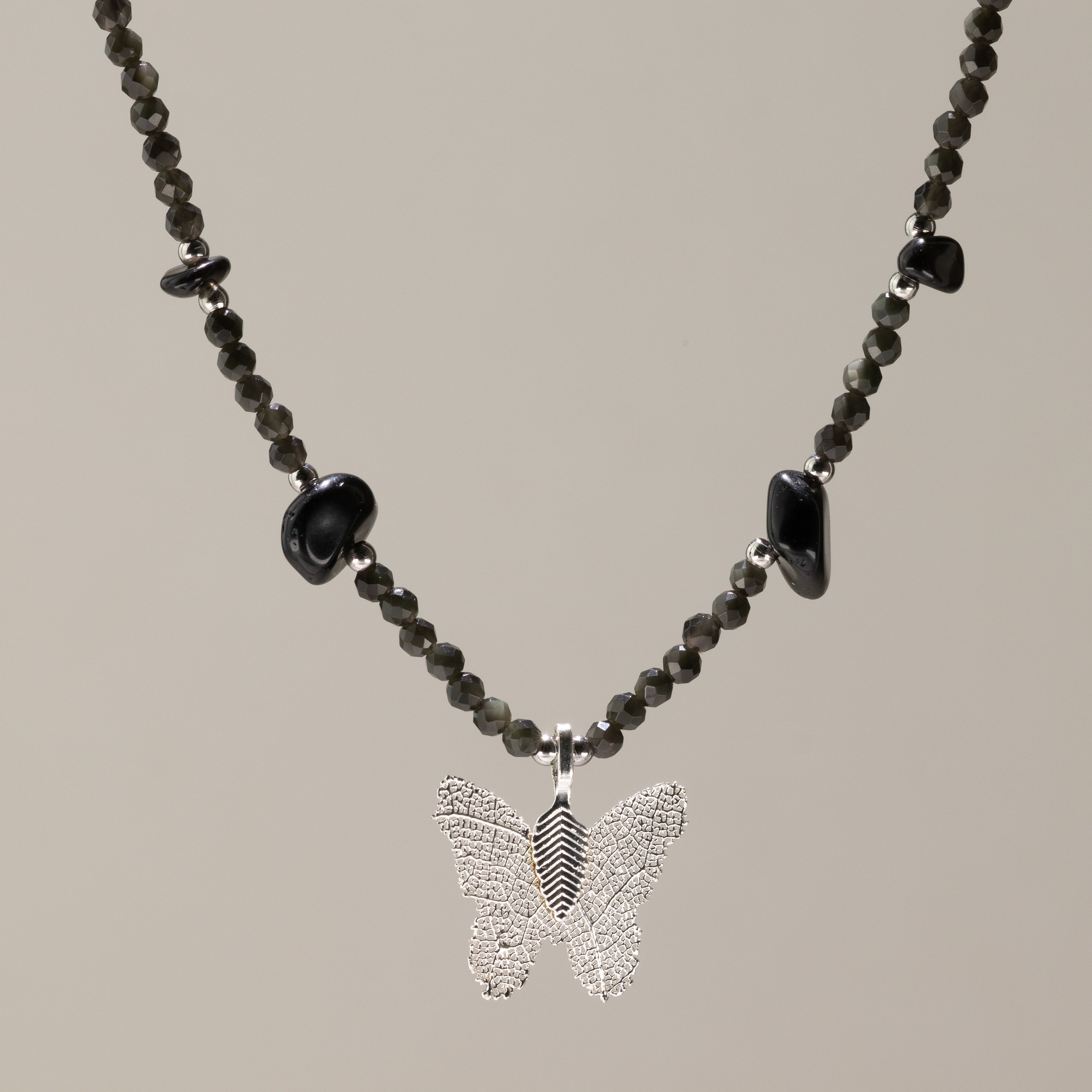 Real Leaf Butterfly Pendant - Black Obsidian Necklace
