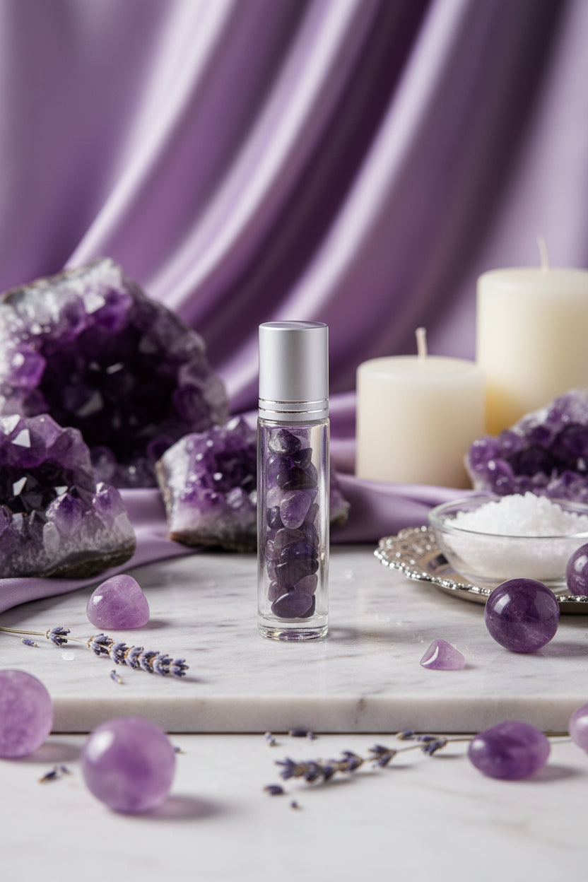 Gemstone Essential Oil Roller Bottle - Amethyst  - Silver Cap
