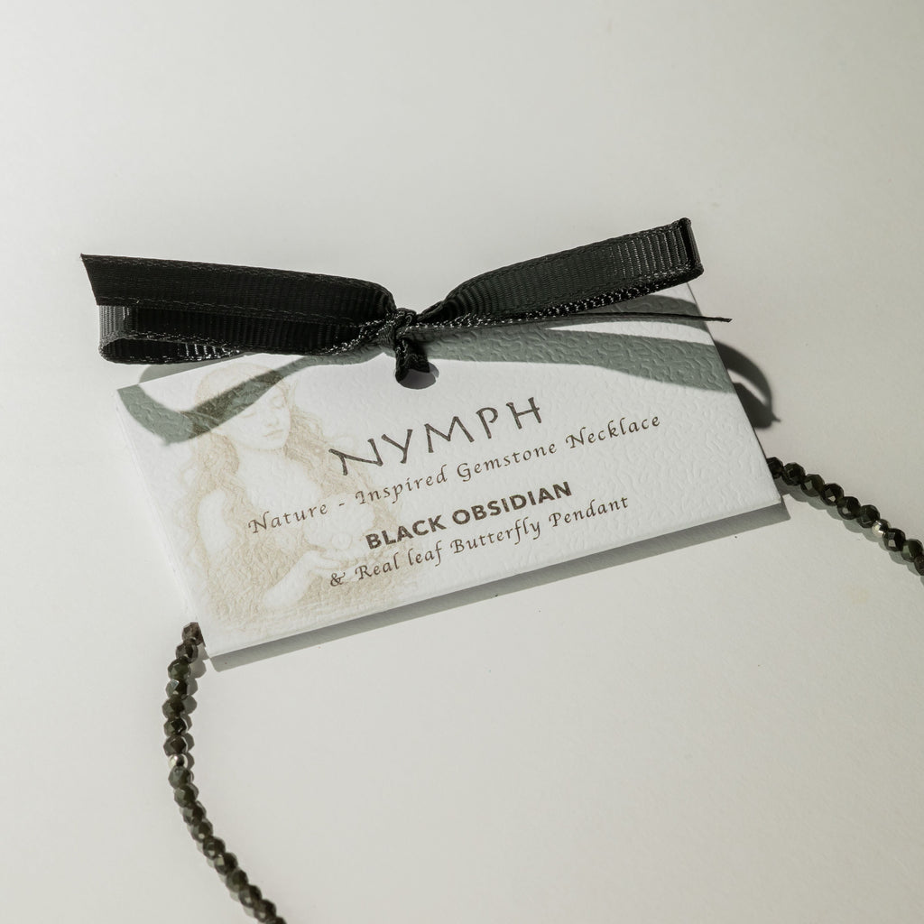 Real Leaf Butterfly Pendant - Black Obsidian Necklace