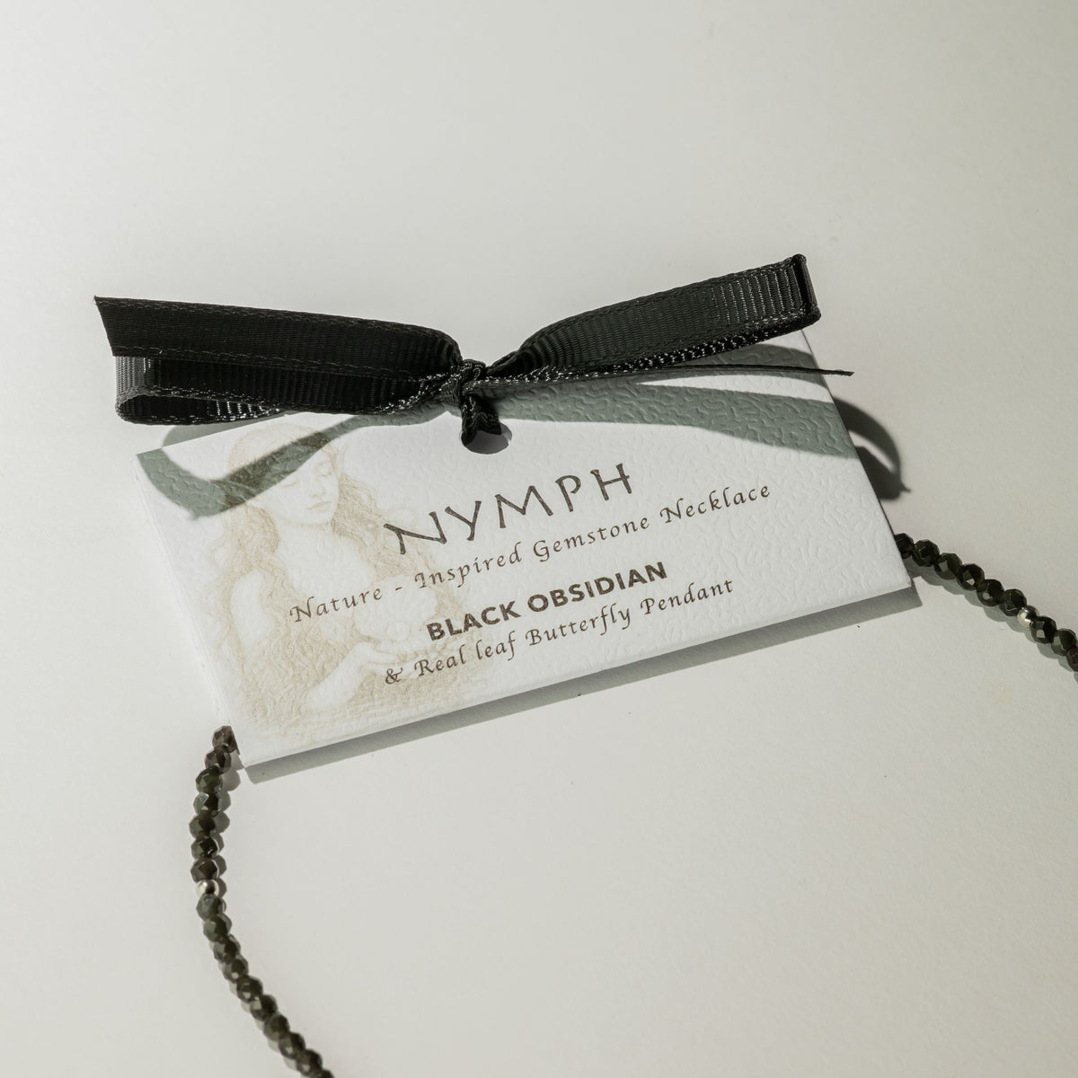 Real Leaf Butterfly Pendant - Black Obsidian Necklace