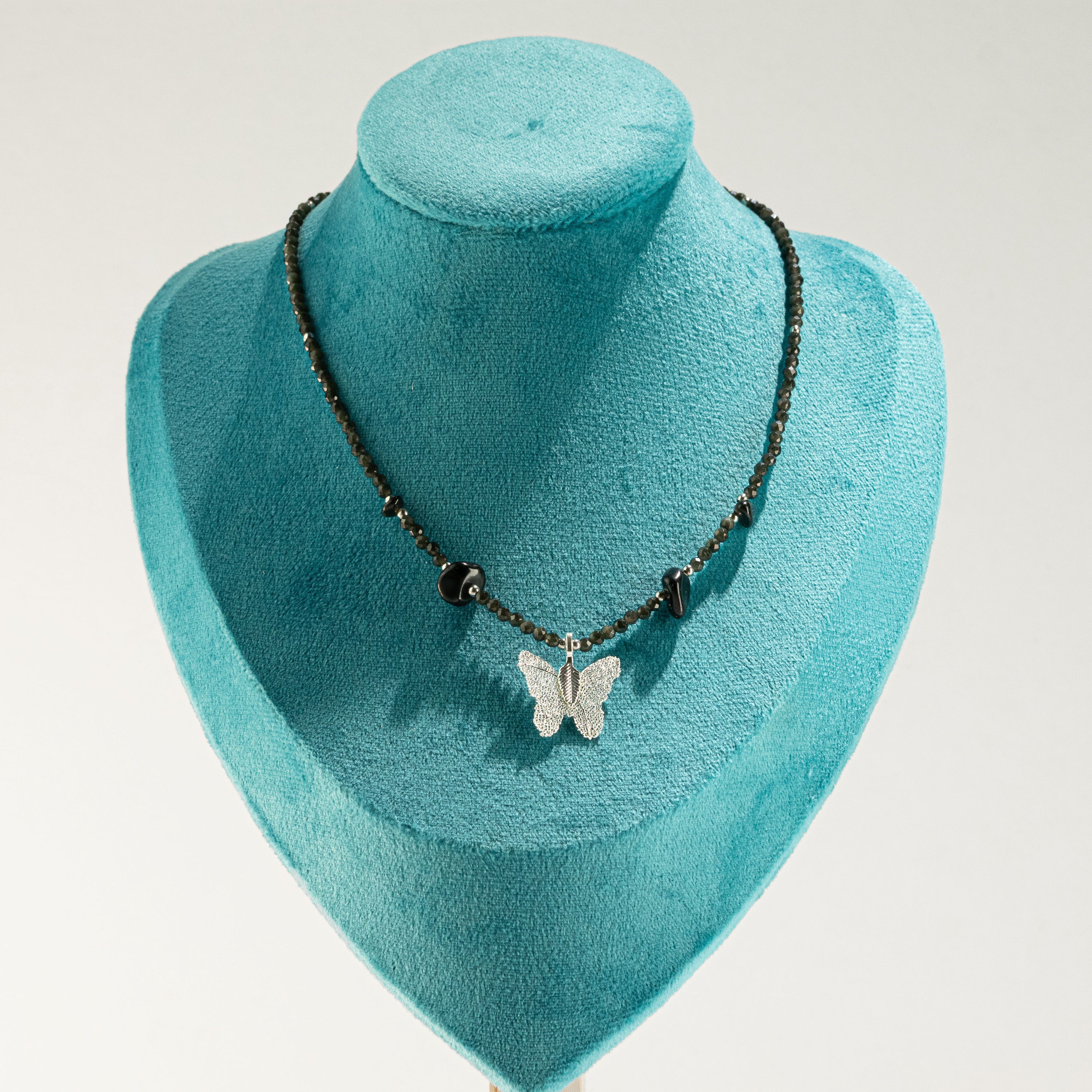 Real Leaf Butterfly Pendant - Black Obsidian Necklace