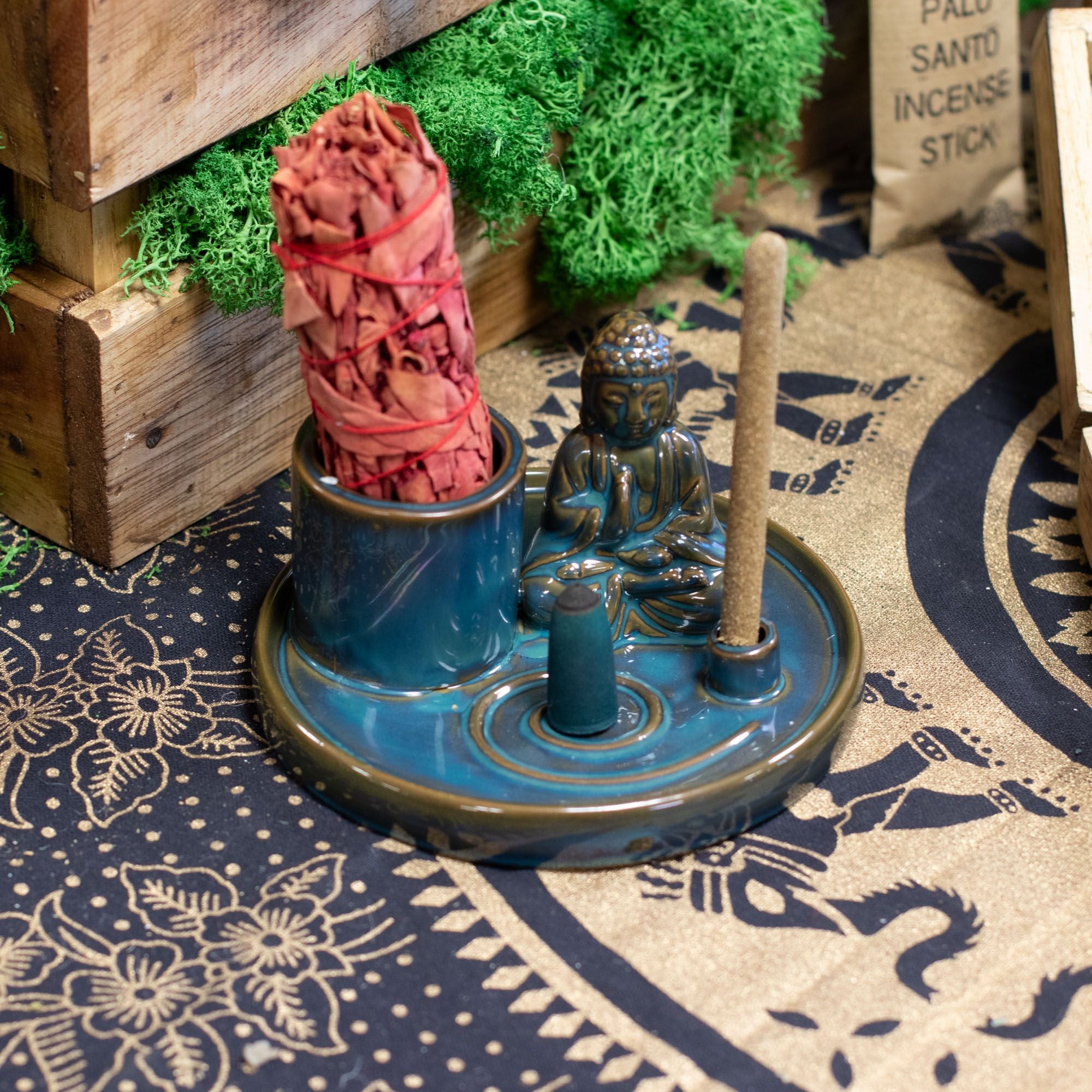 Multi Purpose Buddha Incense Plate - Ceramic Blue
