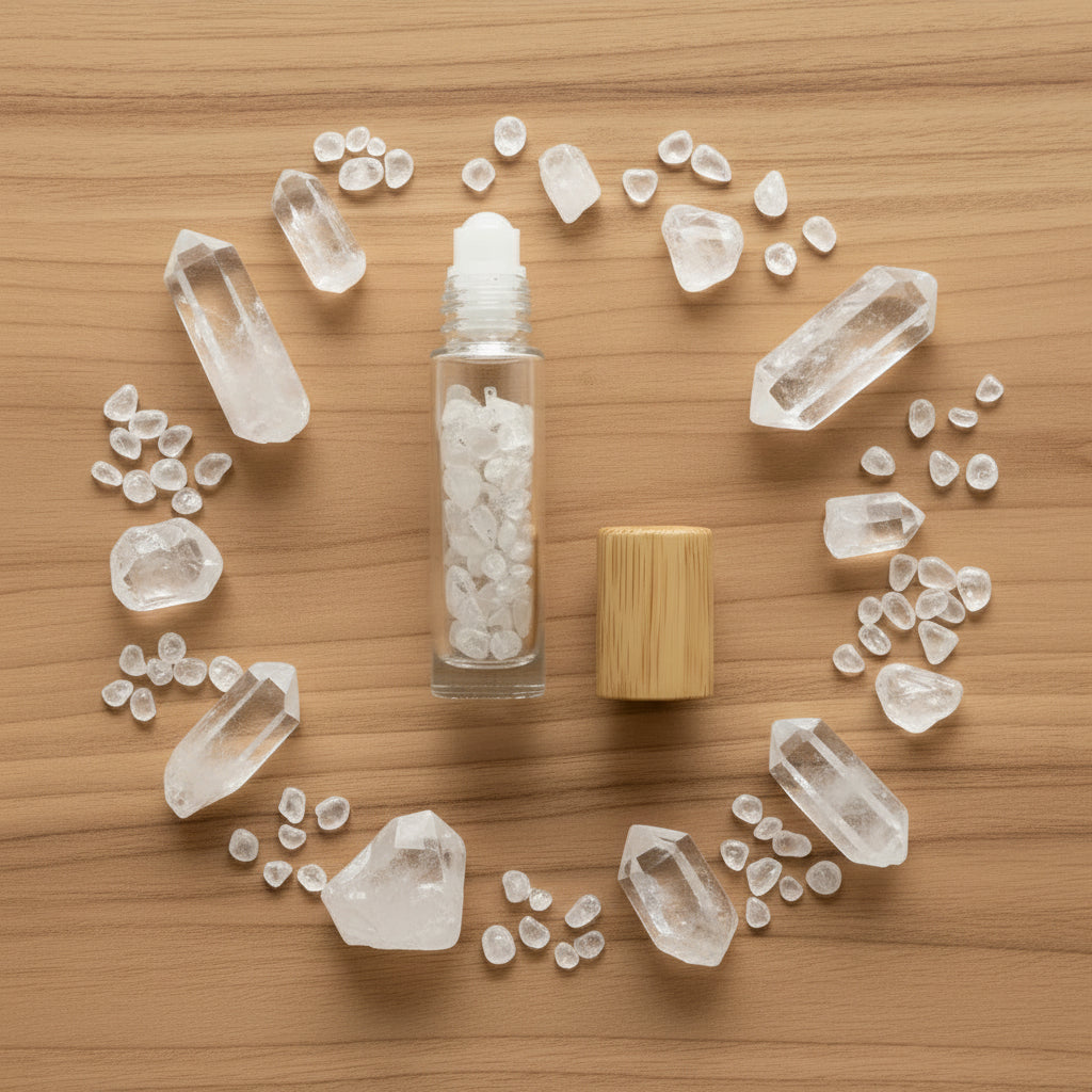 Gemstone Essential Oil Roller Bottle - Clear Quartz  - Wooden Cap