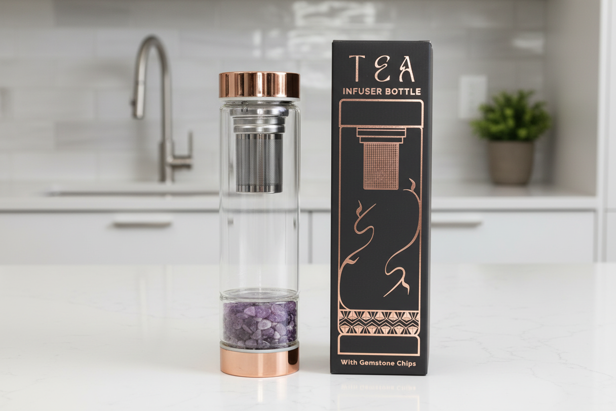 Crystal Glass Tea Infuser Bottle - Rose Gold - Amethyst