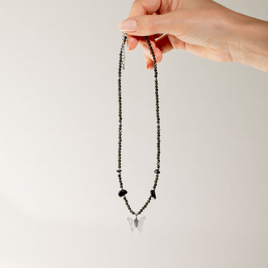 Real Leaf Butterfly Pendant - Black Obsidian Necklace
