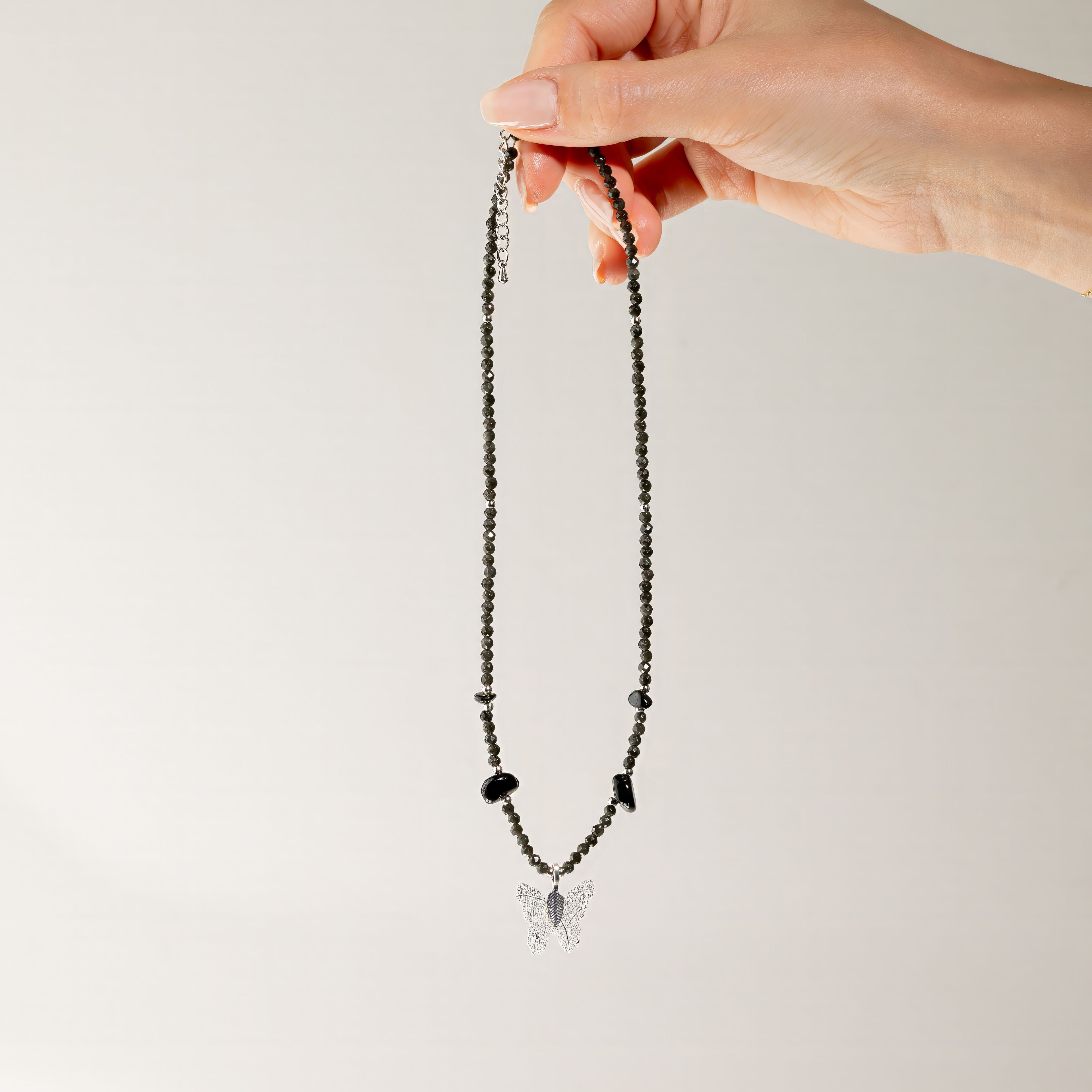 Real Leaf Butterfly Pendant - Black Obsidian Necklace
