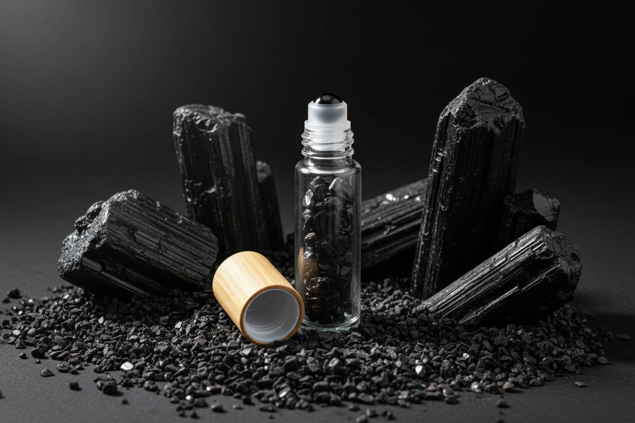 Gemstone Essential Oil Roller Bottle - Black Tourmaline  - Wooden Cap