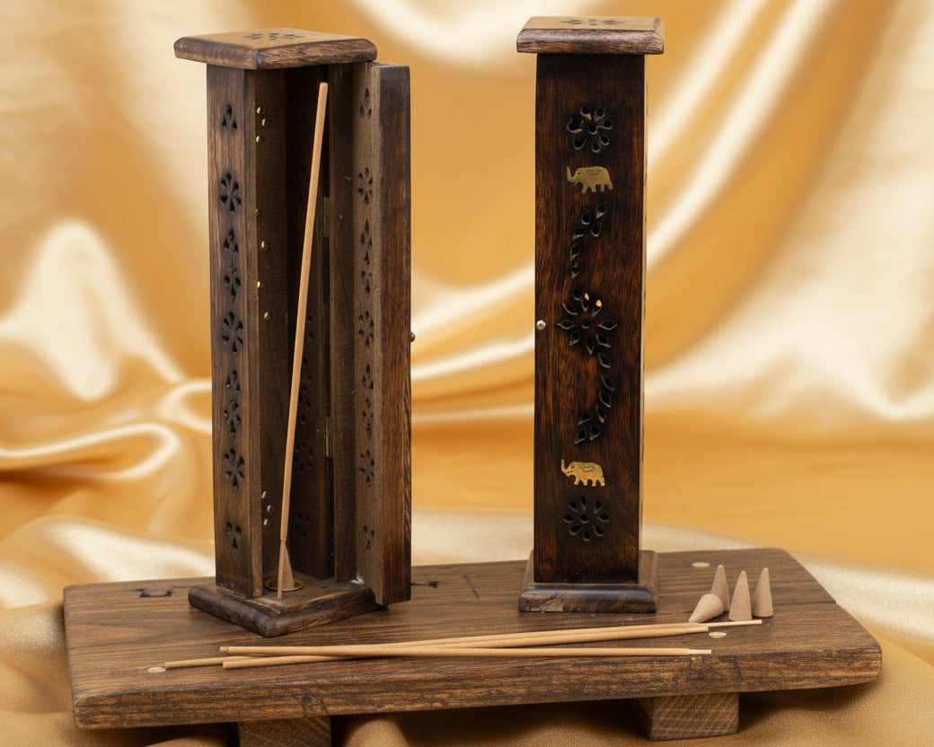 Square Incense Tower - Brass inlay - Mango Wood
