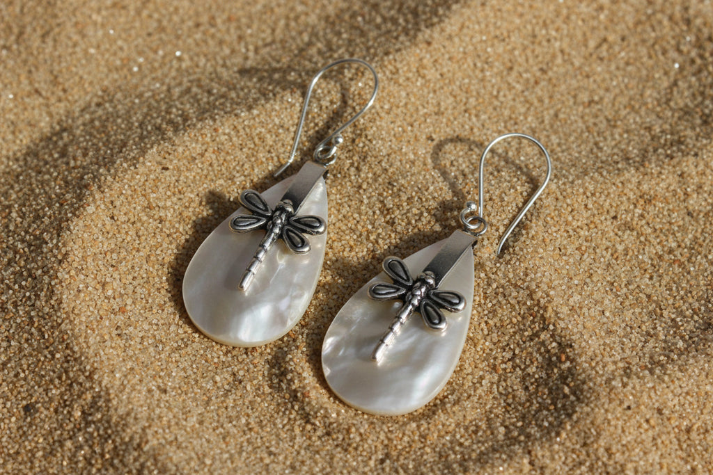 Mother of Pearl & Silver Earrings - Dragonflies
