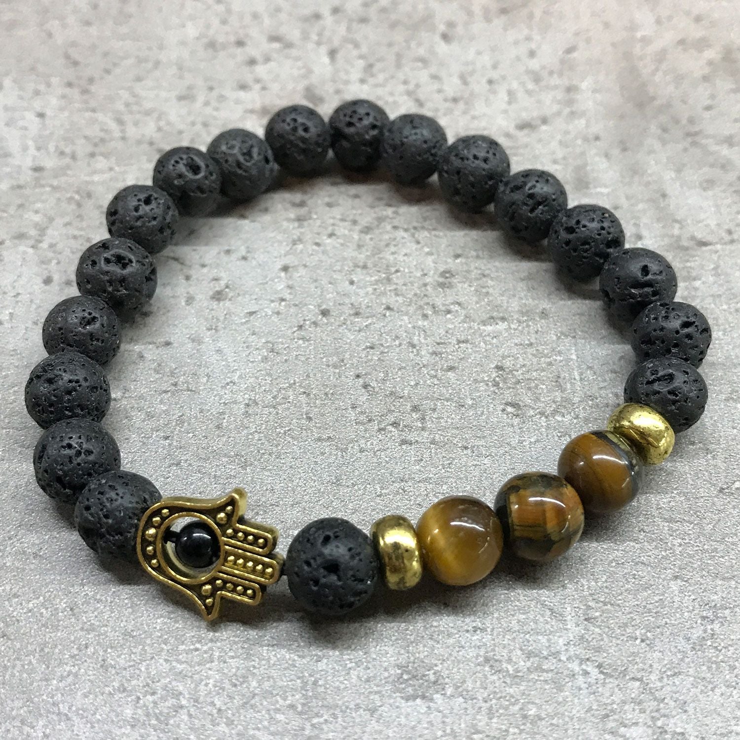 Lava Stone Bracelet - Hamsa Tiger's Eye