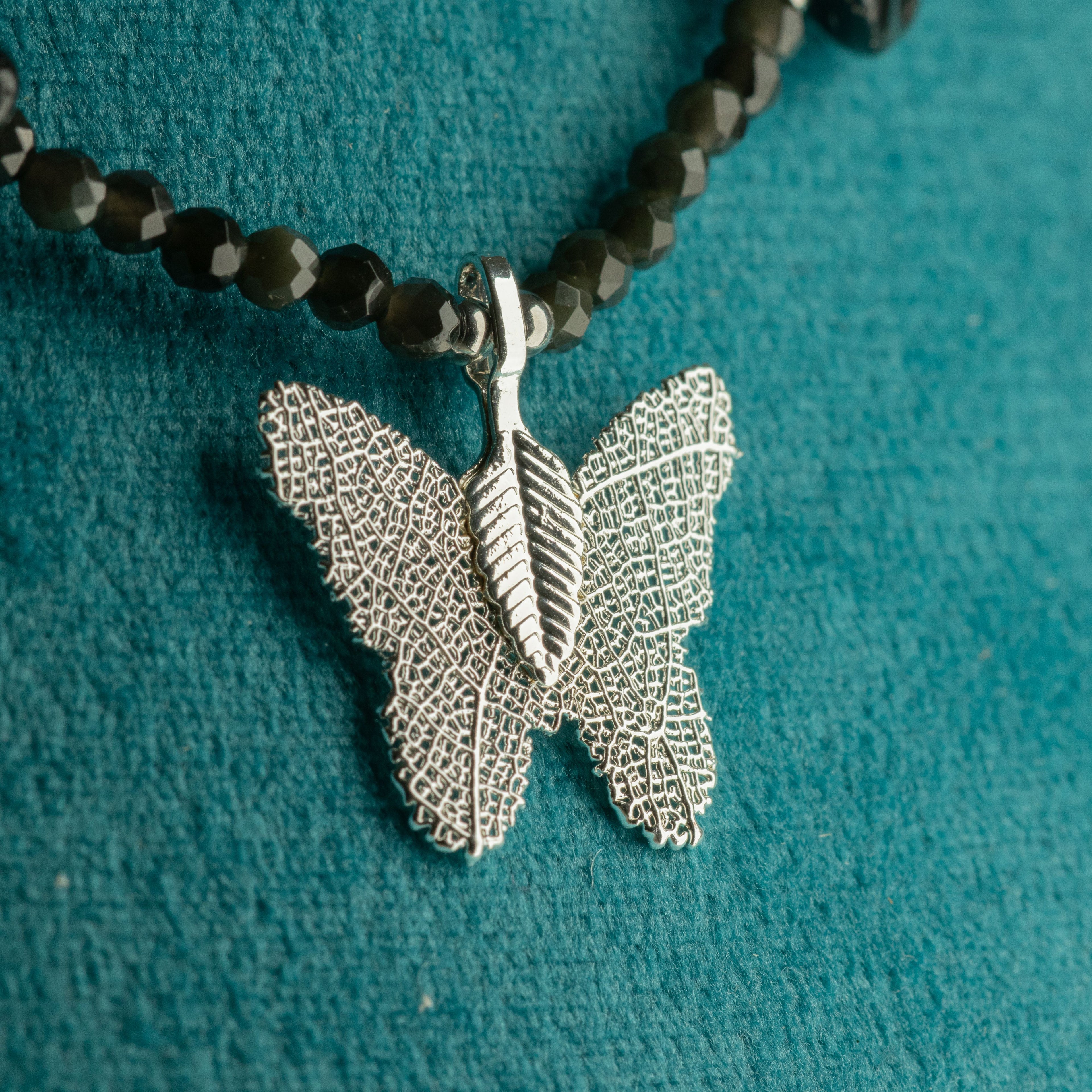 Real Leaf Butterfly Pendant - Black Obsidian Necklace
