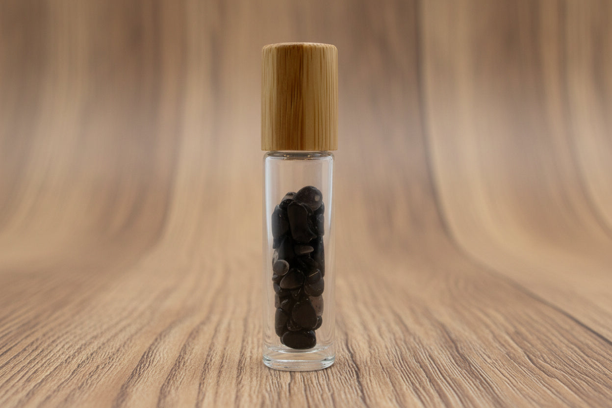 Gemstone Essential Oil Roller Bottle - Black Tourmaline  - Wooden Cap