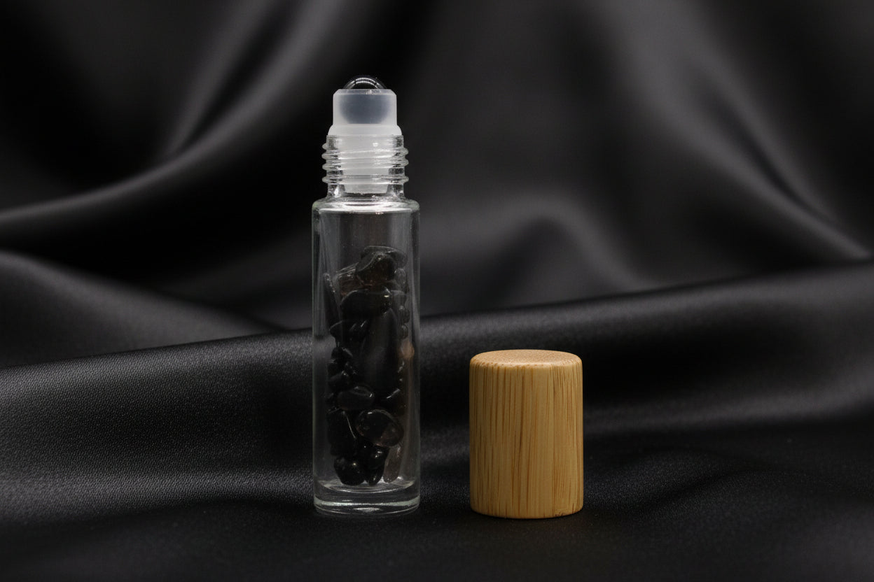 Gemstone Essential Oil Roller Bottle - Black Tourmaline  - Wooden Cap