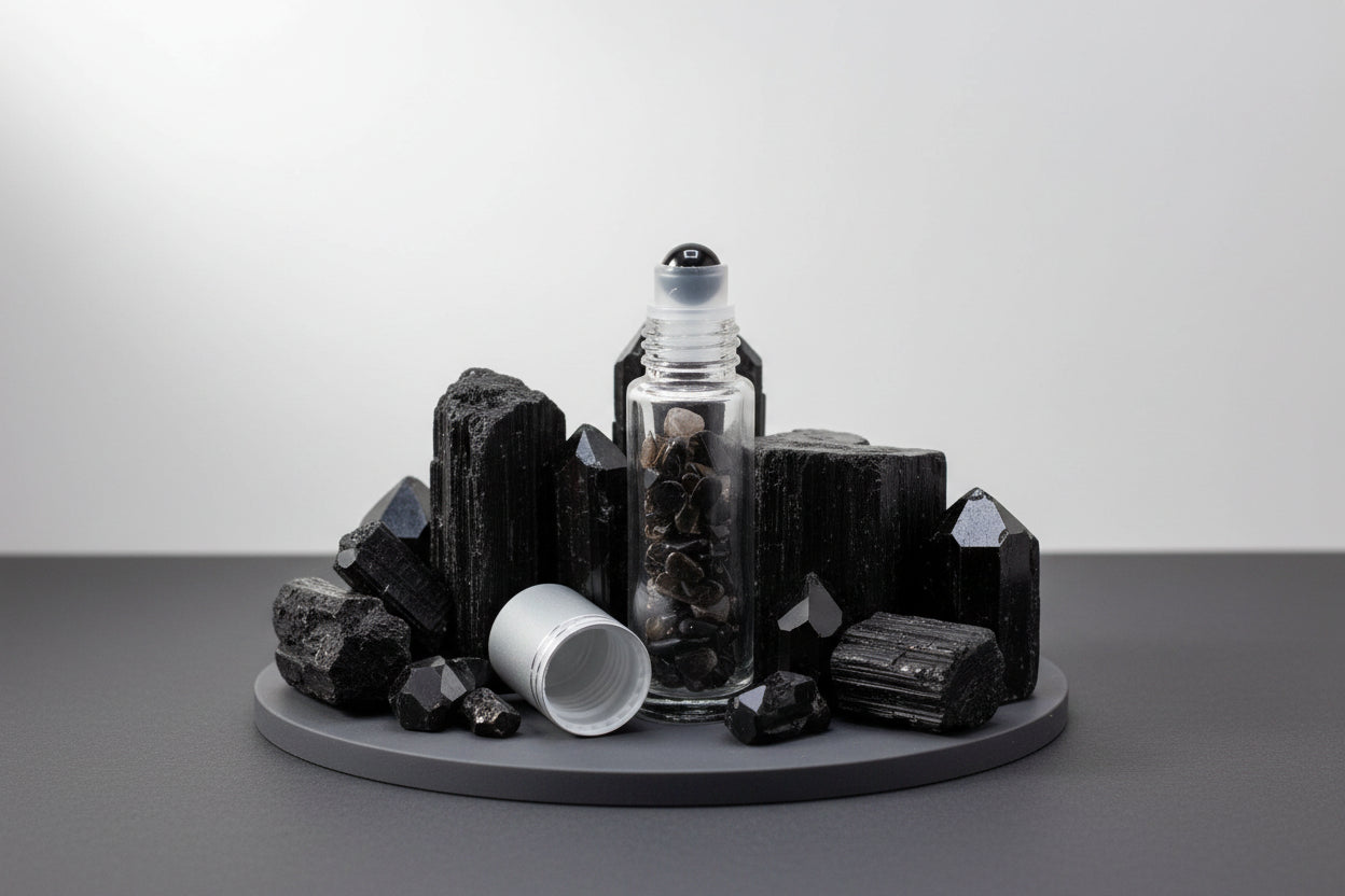 Gemstone Essential Oil Roller Bottle - Black Tourmaline  - Silver Cap