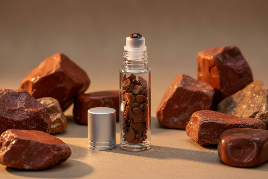 Gemstone Essential Oil Roller Bottle - Red Jasper  - Silver Cap