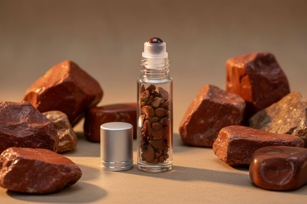 Gemstone Essential Oil Roller Bottle - Red Jasper  - Silver Cap