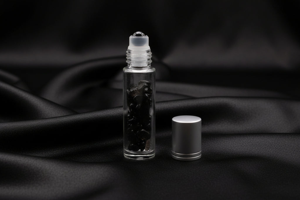 Gemstone Essential Oil Roller Bottle - Black Tourmaline  - Silver Cap