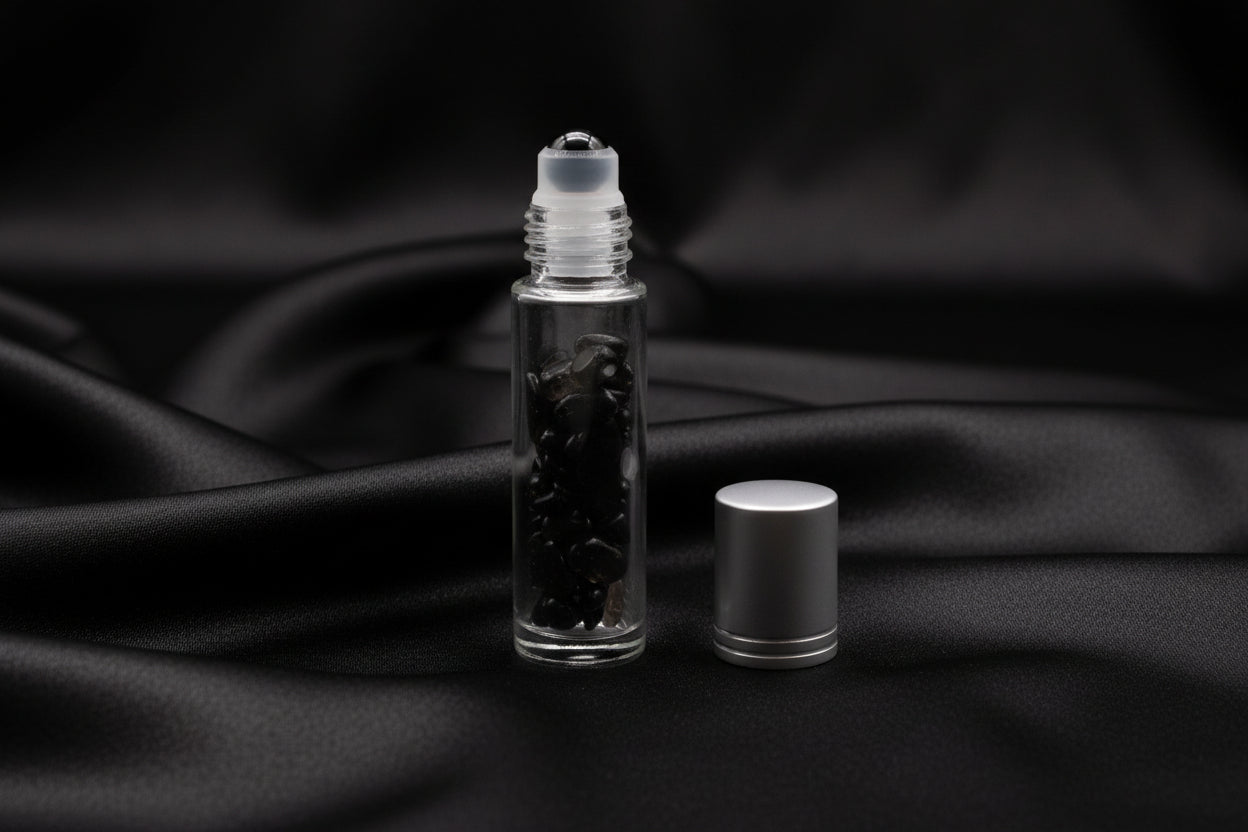 Gemstone Essential Oil Roller Bottle - Black Tourmaline  - Silver Cap