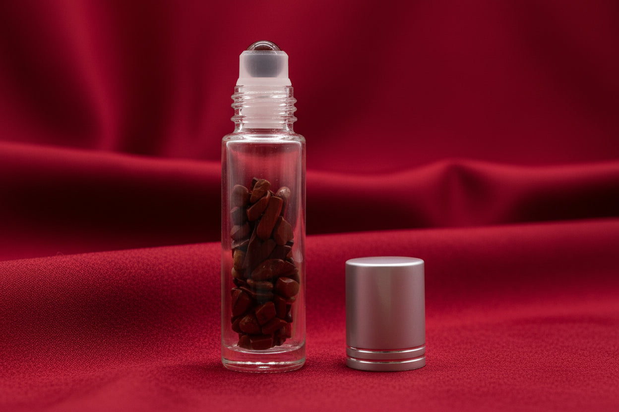 Gemstone Essential Oil Roller Bottle - Red Jasper  - Silver Cap