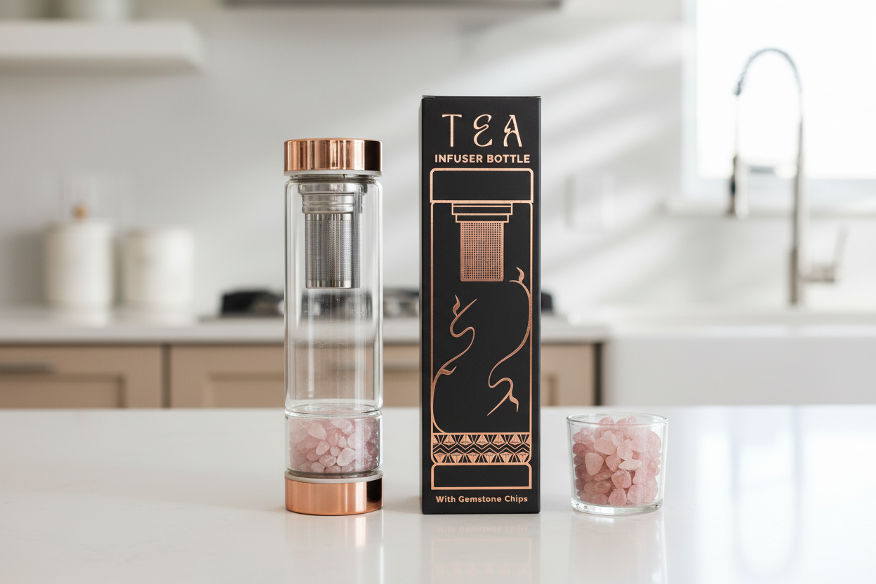 Crystal Glass Tea Infuser Bottle - Rose Gold - Rose Quartz