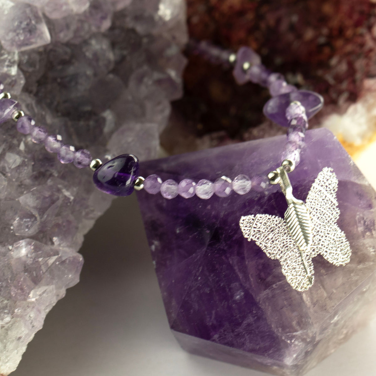 Real Leaf Butterfly Pendant -  Amethyst Necklace