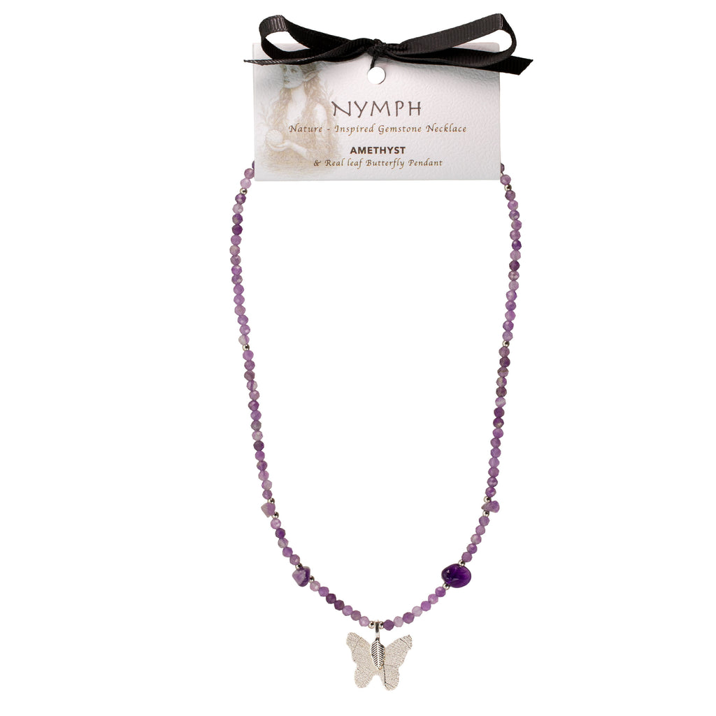 Real Leaf Butterfly Pendant -  Amethyst Necklace