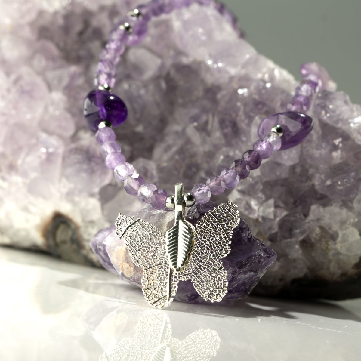 Real Leaf Butterfly Pendant -  Amethyst Necklace