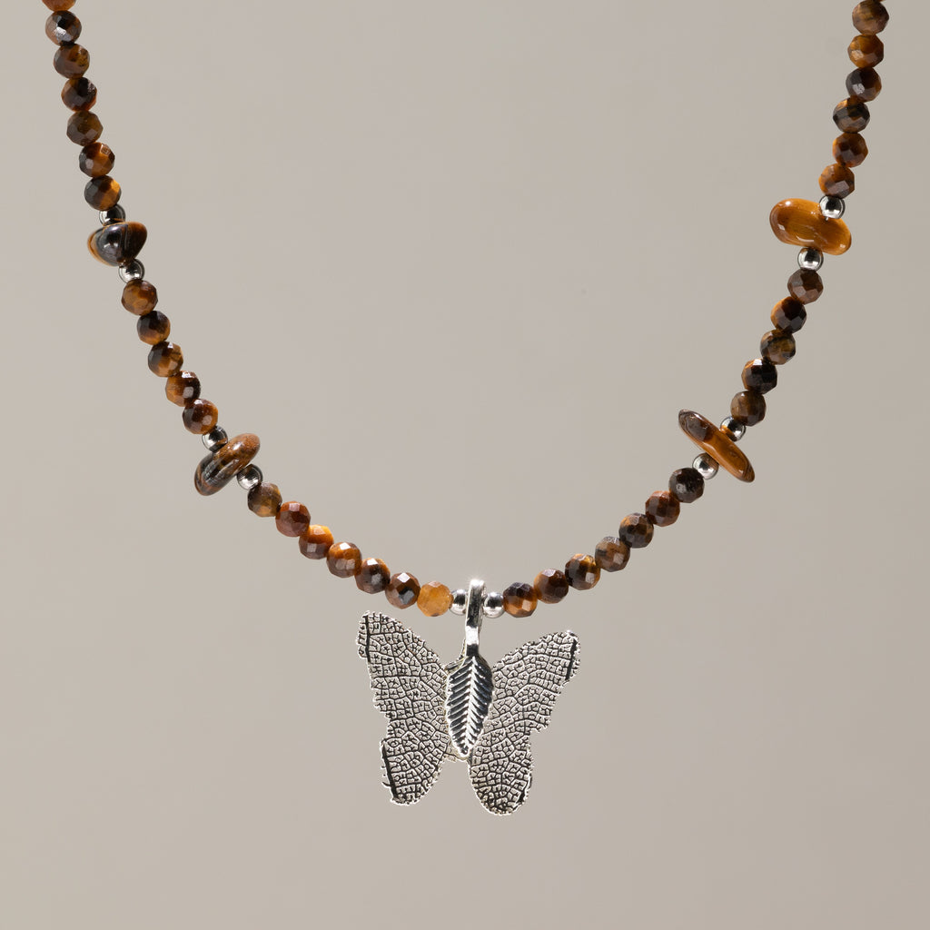 Real Leaf Butterfly Pendant - Tiger's Eye Necklace