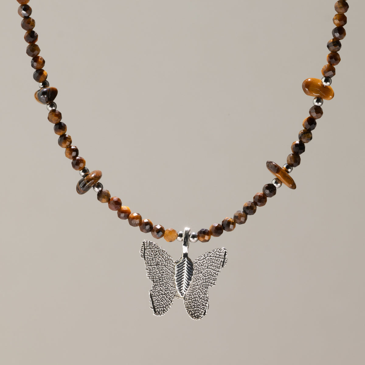 Real Leaf Butterfly Pendant - Tiger's Eye Necklace
