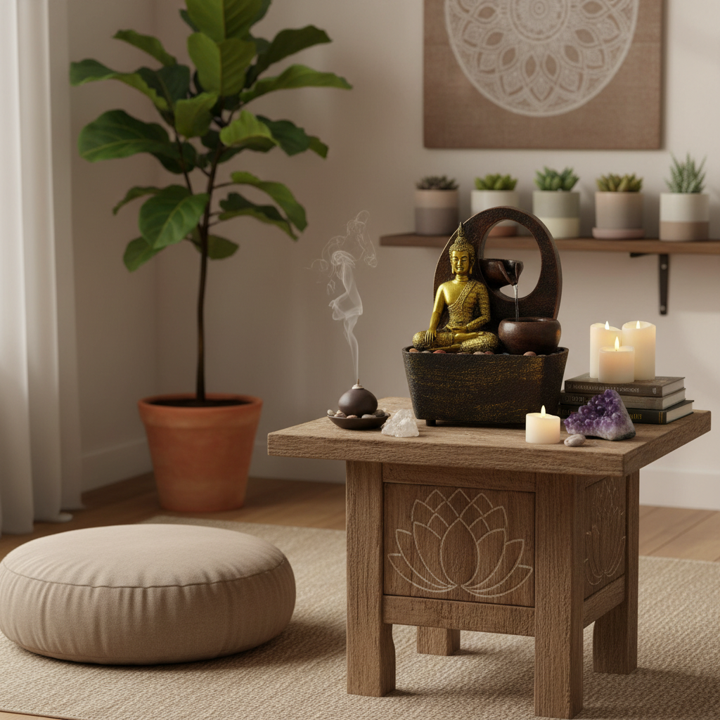 Tabletop Water Feature - Golden Buddha & Pots