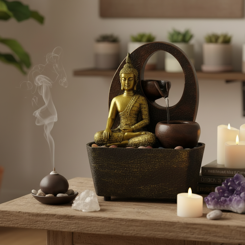 Tabletop Water Feature - Golden Buddha & Pots