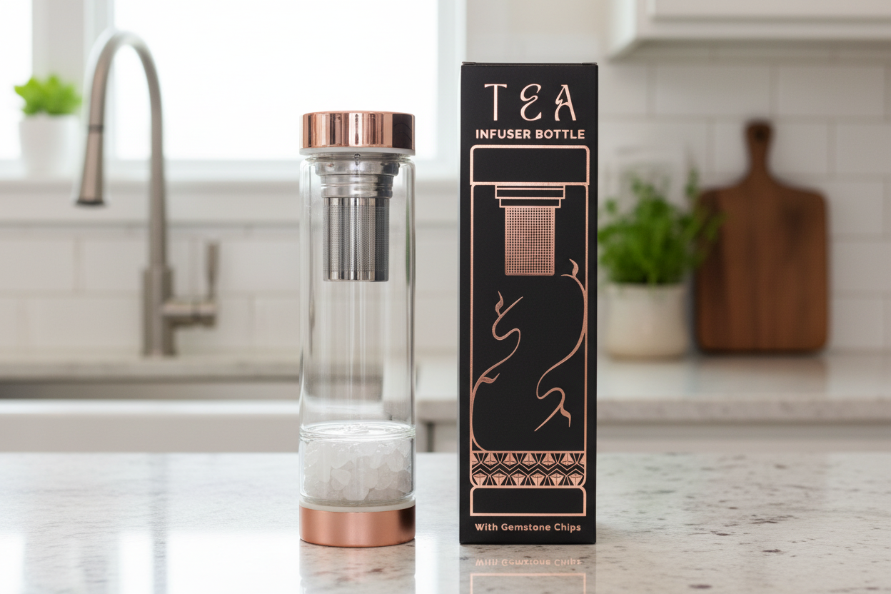 Crystal Glass Tea Infuser Bottle - Rose Gold - Clear Quartz