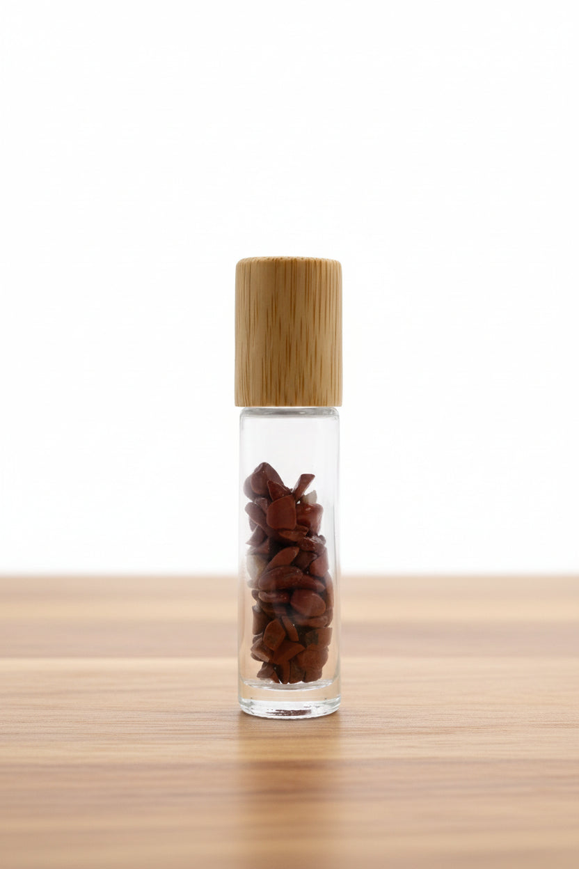 Gemstone Essential Oil Roller Bottle - Red Jasper  - Wooden Cap