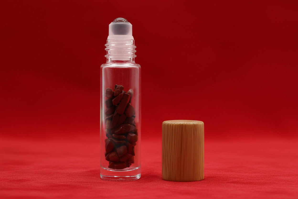 Gemstone Essential Oil Roller Bottle - Red Jasper  - Wooden Cap
