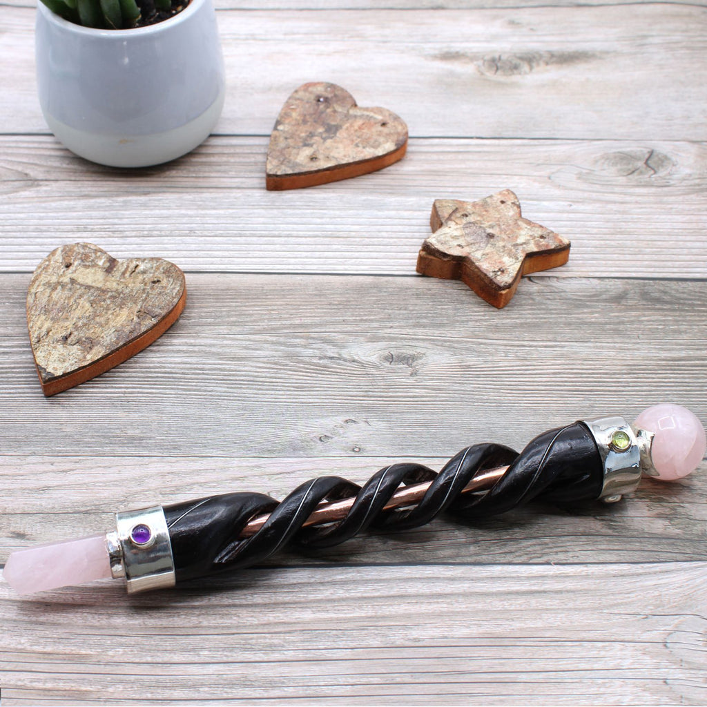 Spiral Carving Healing Wand - Copper & Rose Quartz