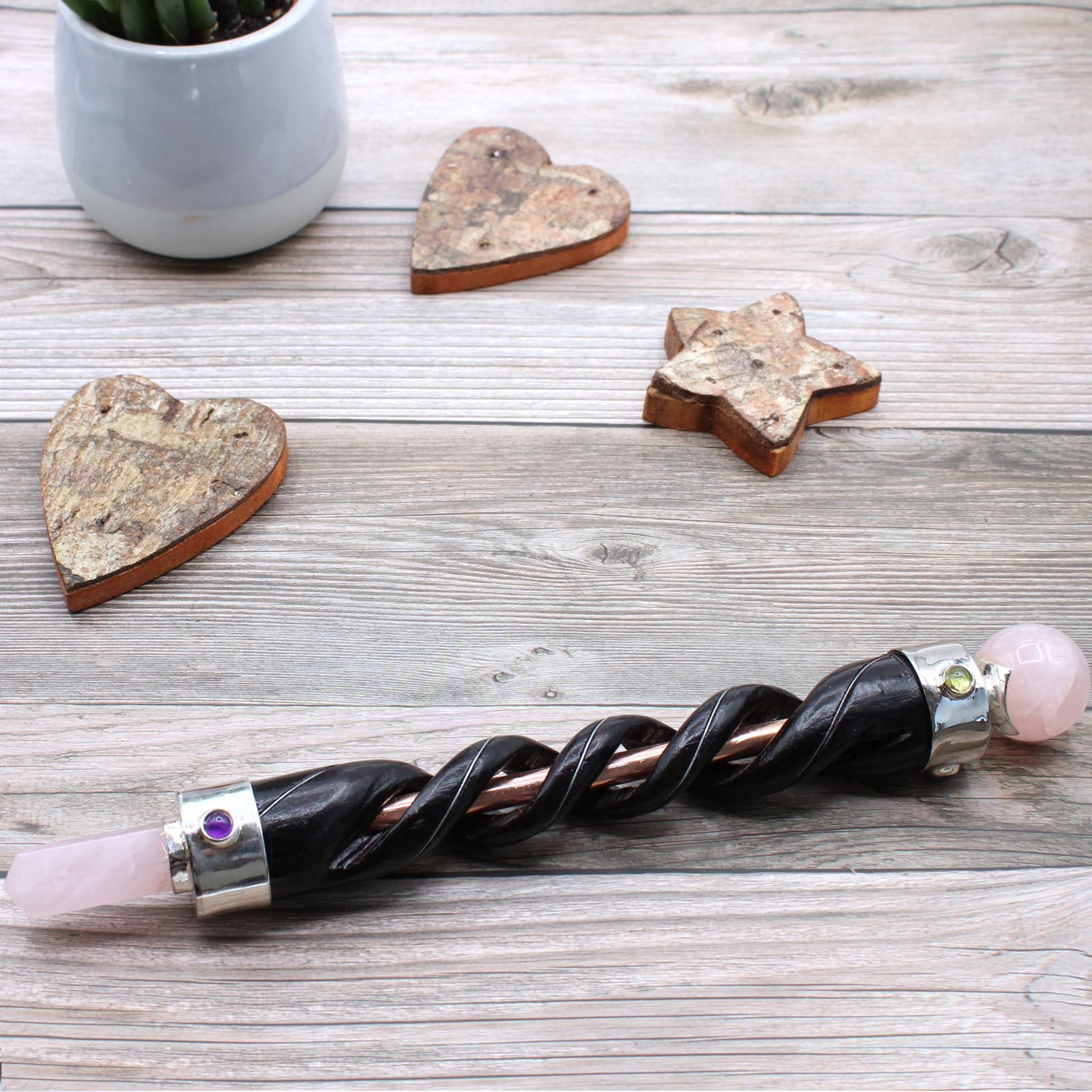 Spiral Carving Healing Wand - Copper & Rose Quartz