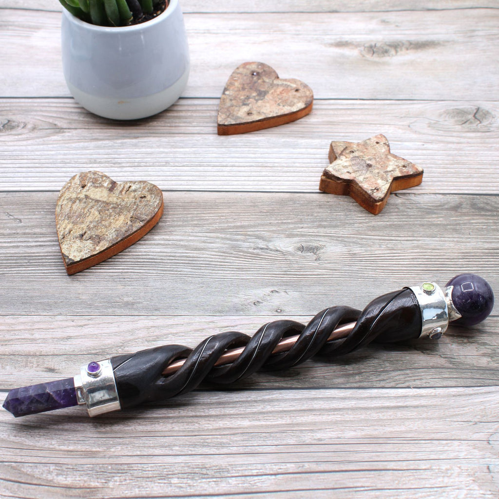Spiral Carving Healing Wand - Copper & Amethyst